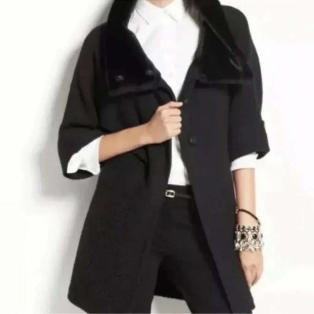 Ann Taylor Black 3/4 Length Sleeve Merino Wool Cardigan Faux Fur Collar Size XS